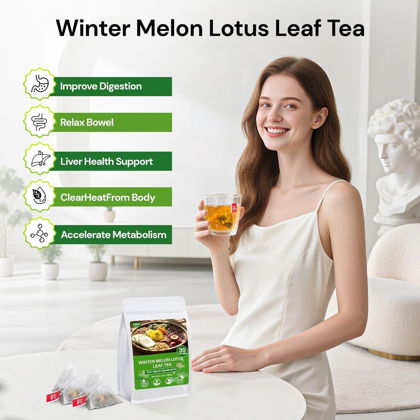 Winter Melon Lotus Leaf Tea, Herbal Detox Tea Bags for Reduce swelling and Cleansing, Boost metabolism - 8 Premium Ingredients(1 Pack/30 Bags)