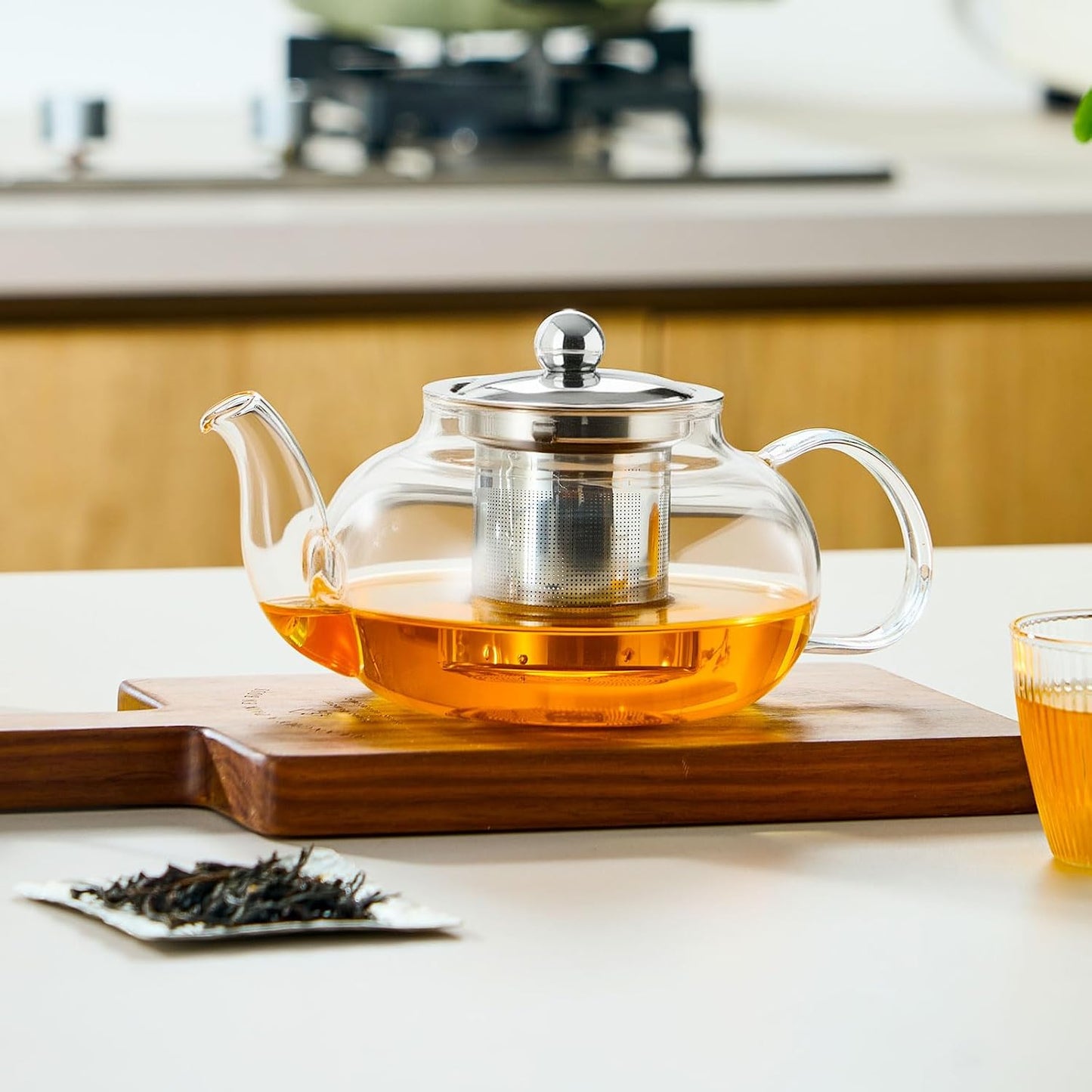 Baalaka Tea Pot with Infuser for Loose Tea, 20 oz Glass Stovetop Kettle | Clear borosilicate body with removable stainless steel strainer works as a tea maker and brewer for blooming or loose leaf