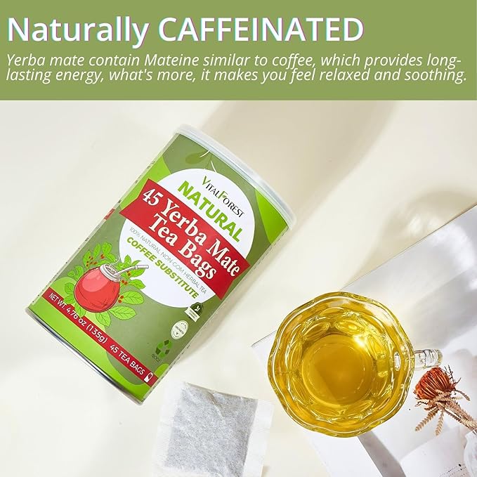 45 Yerba Mate Tea Bags, VitalForest Unsmoked Yerba Mate Argentina, Energy Burst Yerba Tea