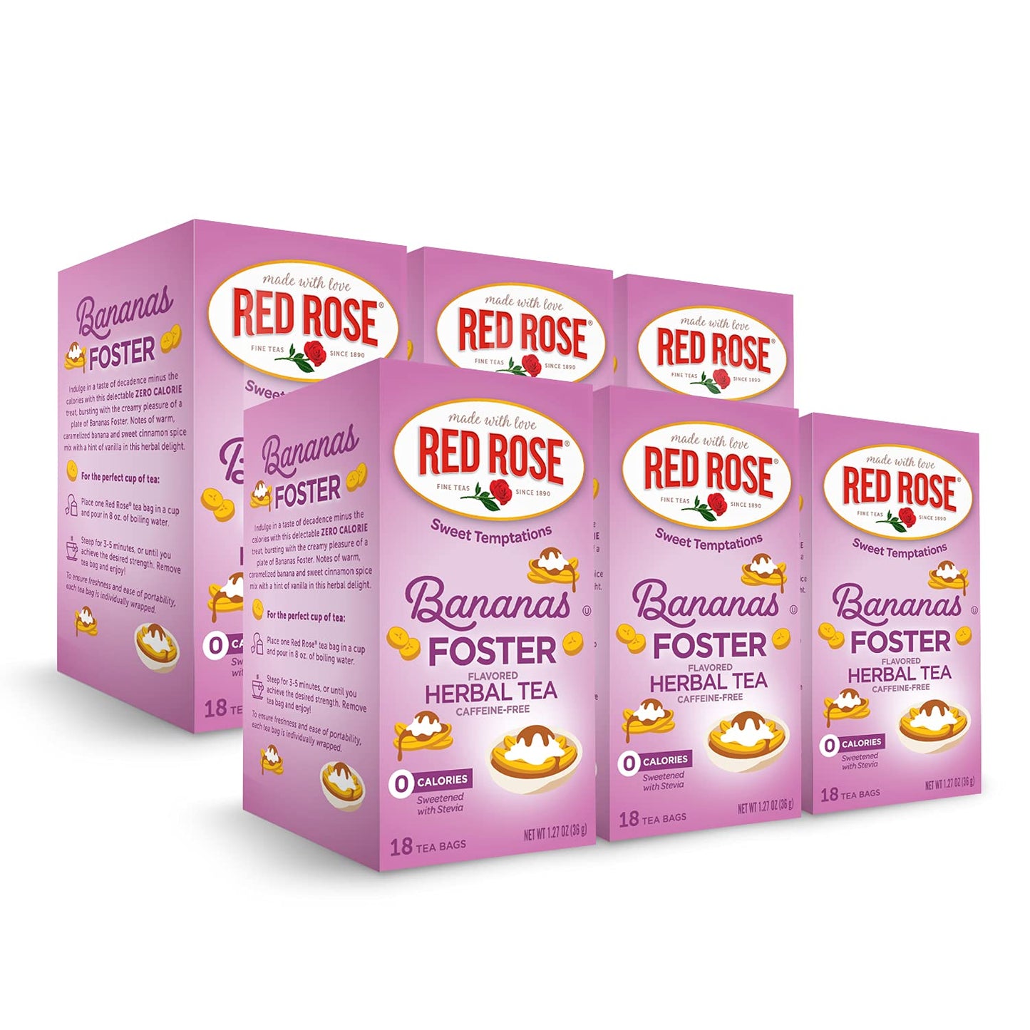 Red Rose Sweet Temptations Banana Foster Dessert Herbal Tea,18 Bags 6 Pack | Sweet, dessert-inspired herbal tea | Naturally flavored | Caffeine-free | Ideal sweet treat