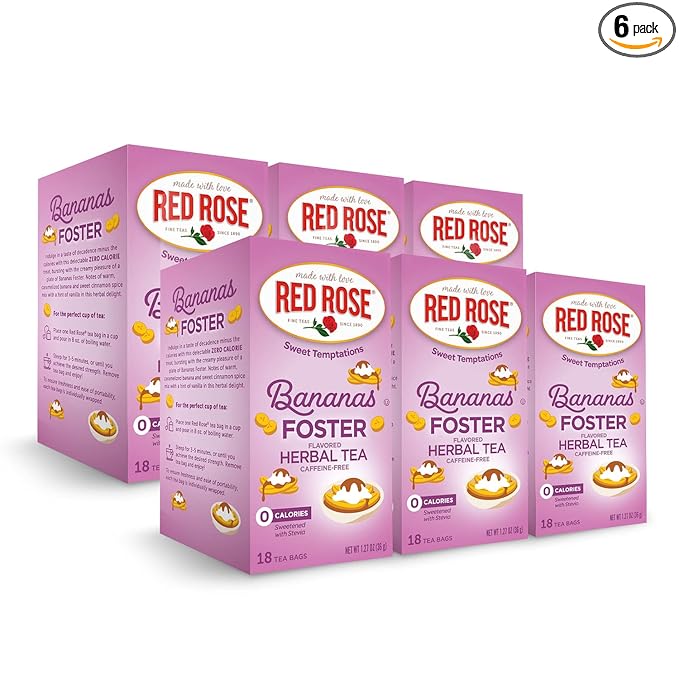 Red Rose Sweet Temptations Dessert Tea Bananas Foster, Zero Carbs, Zero Sugar Bursting with Flavor Caffeine-Free Delicious Beverage Herbal Tea