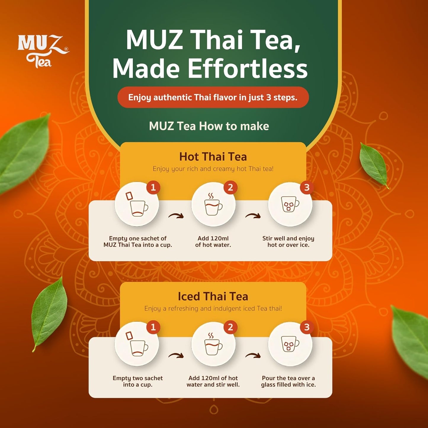 MUZ Tea Premium Instant Thai Tea Mix – Real Milk, No Creamers – Low GI Coconut Blossom Sugar – Only 65 Calories – Thai Tea Powder – Just Add Water – 15 Sachets