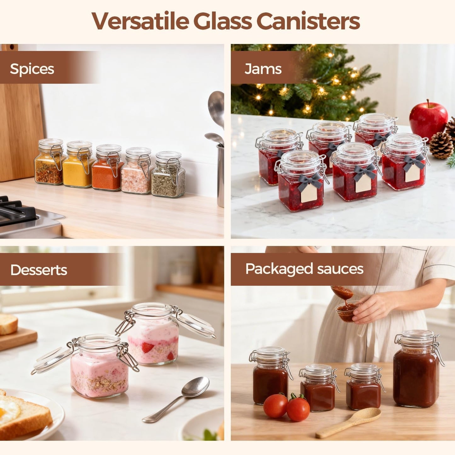ComSaf Square Glass Spice Jars 4 oz 6 Pack with Labels and Funnel Set | Airtight clamp lids, eight labels, compact canisters for dried herbs, seasoning blends, seeds, tea, jam and organized refills