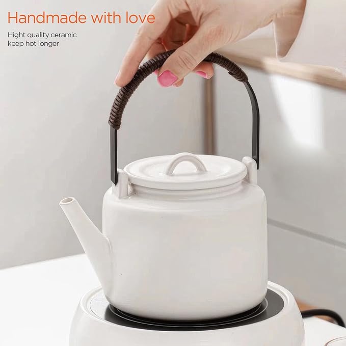 Small Stove Safe Ceramic Teapot with Cold Touch Curved Handle (27oz) - Hand-Glazed Finish - Suitable for Boiling Water and a Variety of Teas and Herbs - Matte Black-White