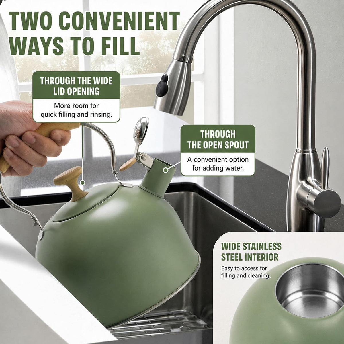 Tinlon Enamel Whistling Tea Kettle, 2.5 Qt Stovetop Teapot, Olive Green