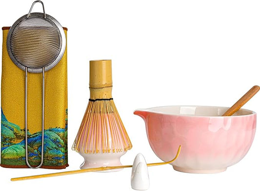 Matcha Whisk Set, Pink Ceramic Matcha Bowl with Spout, Bamboo Whisk, Sifter – 8-Piece Matcha Kit for Home, Yoga & Gifts