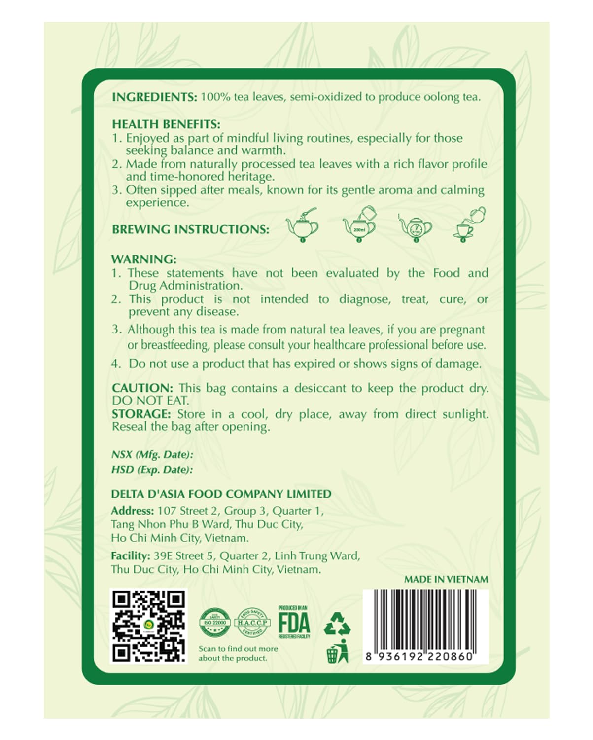 SUNBELEAF Oolong Tea Loose Leaf (5.29 Oz / 150g), Vietnamese Semi-Oxidized Tea Leaves, Naturally Processed for Rich Balanced Flavor & Gentle Aroma, Wellness Tea for Daily Balance, Resealable Zip Pouch