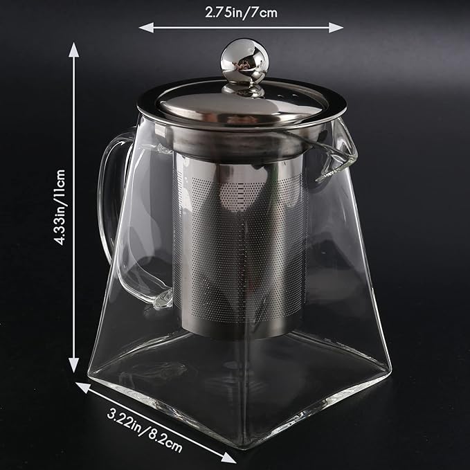 Square Glass Teapot with Infuser, 550 Ml Borosilicate Tea Pot with Strainer, Clear Leaf Tea Pots for Loose Tea