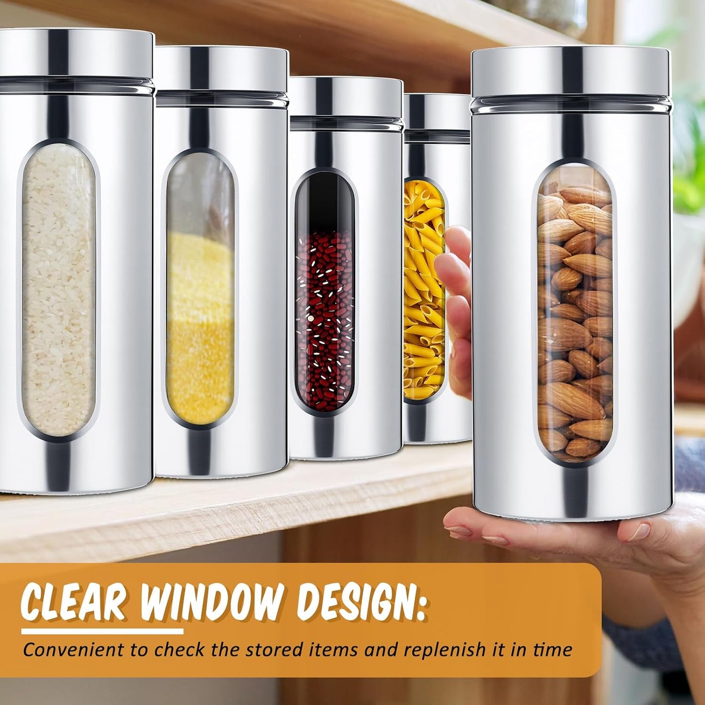 Mimorou 6 Pack 44 oz Airtight Stainless Steel Kitchen Canisters, Silver | Set Window Canister Jars, Coffee Tea Sugar, Quick Refill Check, Pantry Organization, Countertop Storage, Spice and Candy Jars