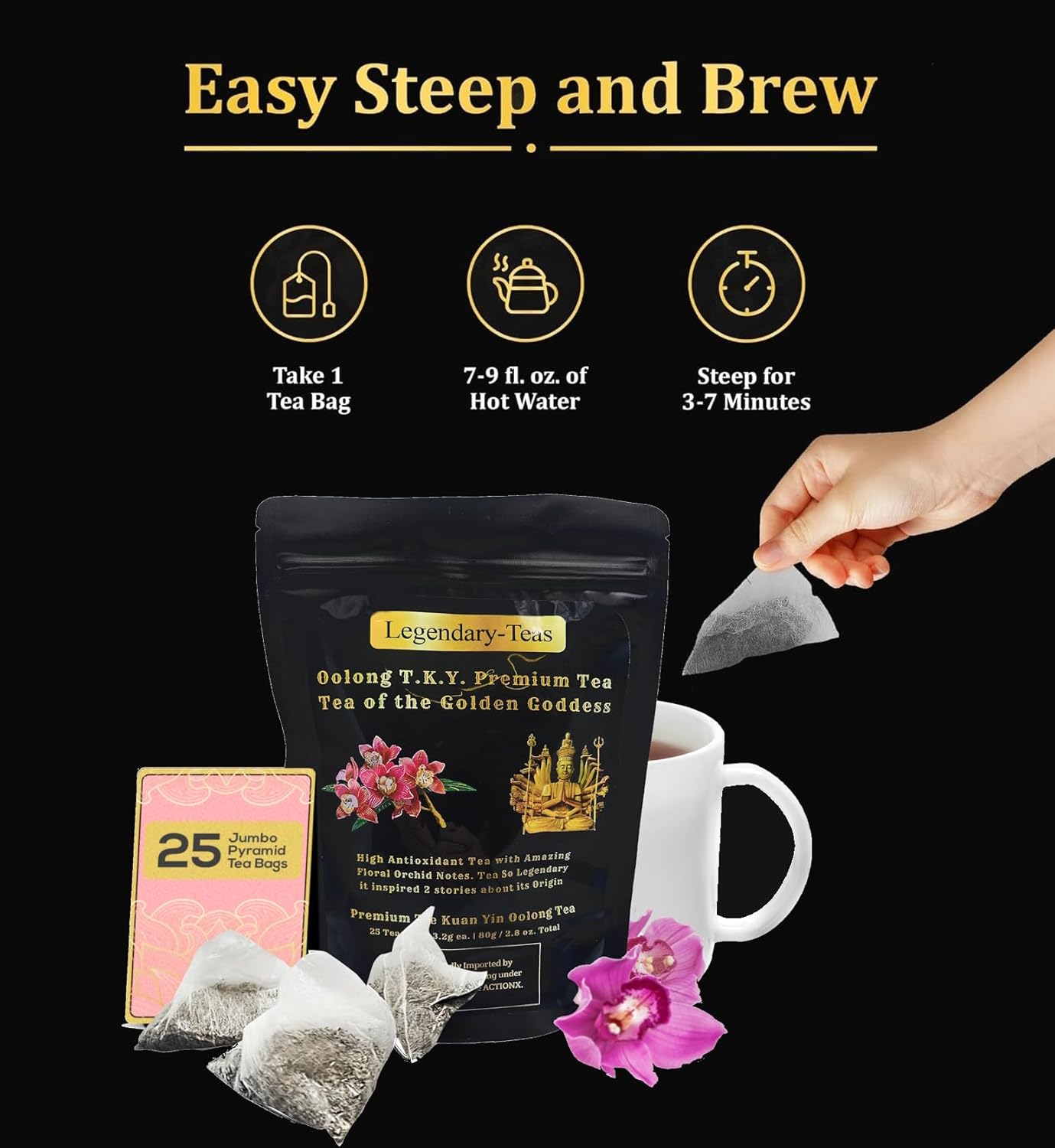 Legendary-Teas Oolong T.K Y. Pyramid Tea Bags 25 Pack Sealed in Foil Pouches (Oolong T.K.Y. Tea, 25 Pack Pouch)