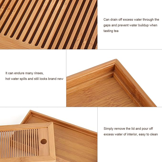 Joyzan Chinese Tea Tray, Mini Bamboo Japanese Gongfu Serving Plate Kung Fu Water Storage Drainage Table Small Wooden Natural Wood Set Box Reservoir Drawer Type Box Household Home Office Teahouse