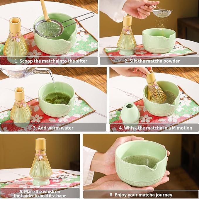 8-Piece Matcha Tea Set with Ceramic Bowls (Flower Pattern), Bamboo Whisk, Scoop, Spoon & Pink Sakura Gift Box – Traditional Japanese Matcha Whisking Kit for Tea Lovers (green)