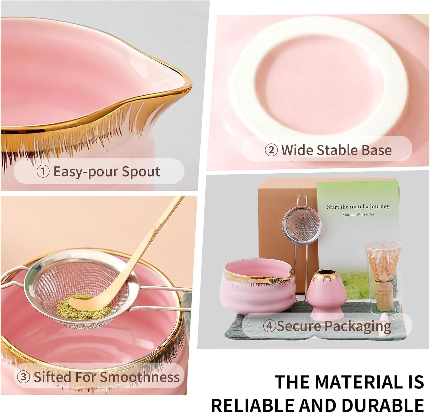 7-Piece Matcha Set, Matcha Bowl &amp; Bamboo Whisk Kit | Ceremonial Matcha Whisk Tools with Golden Texture Details, Japanese Tea Ceremony Starter Kit &amp; Unique Matcha Gift (Pink)