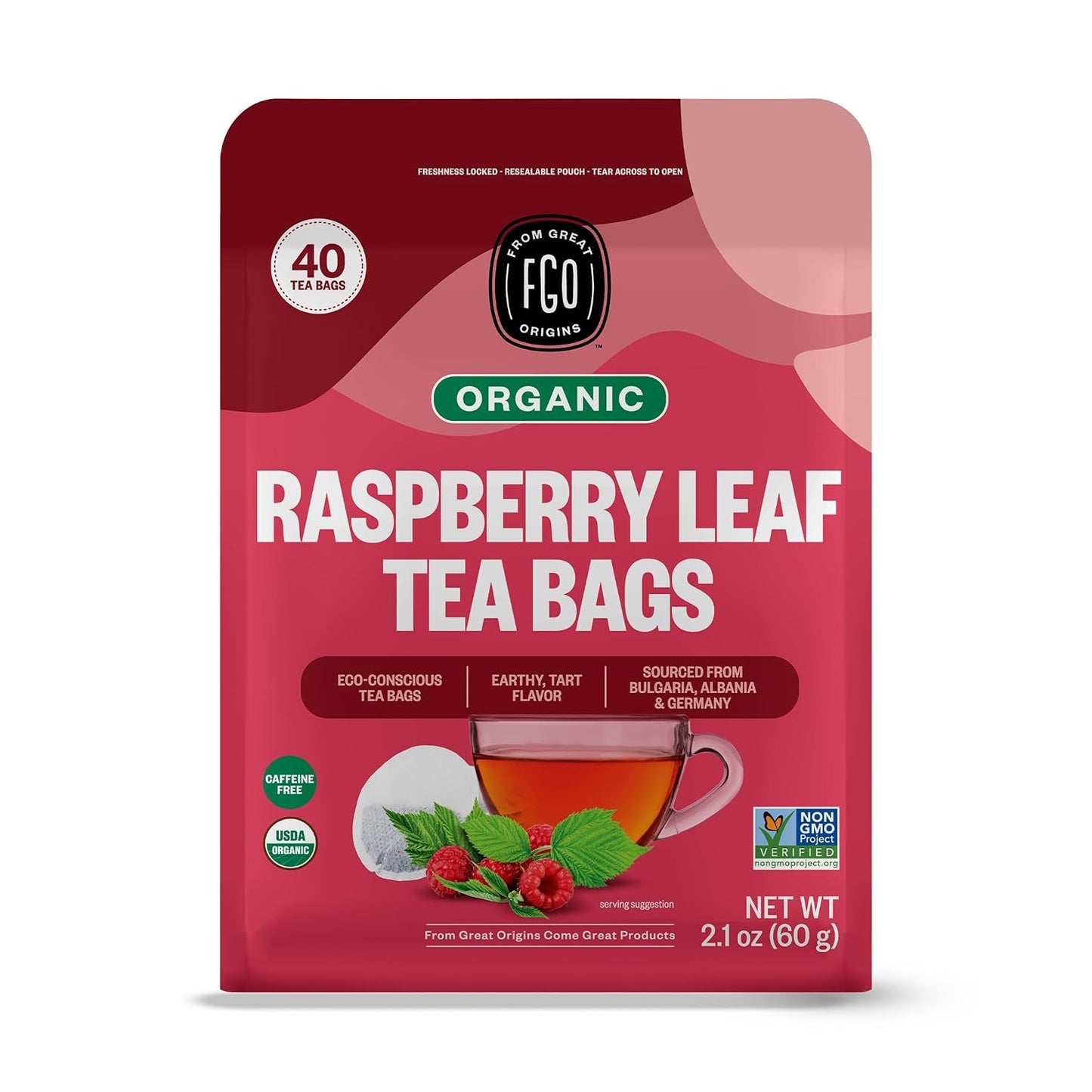 FGO Organic Red Raspberry Leaf Herbal Tea, 40 Count, Eco-Conscious Tea Bags, Caffeine Free (Pack of 1)
