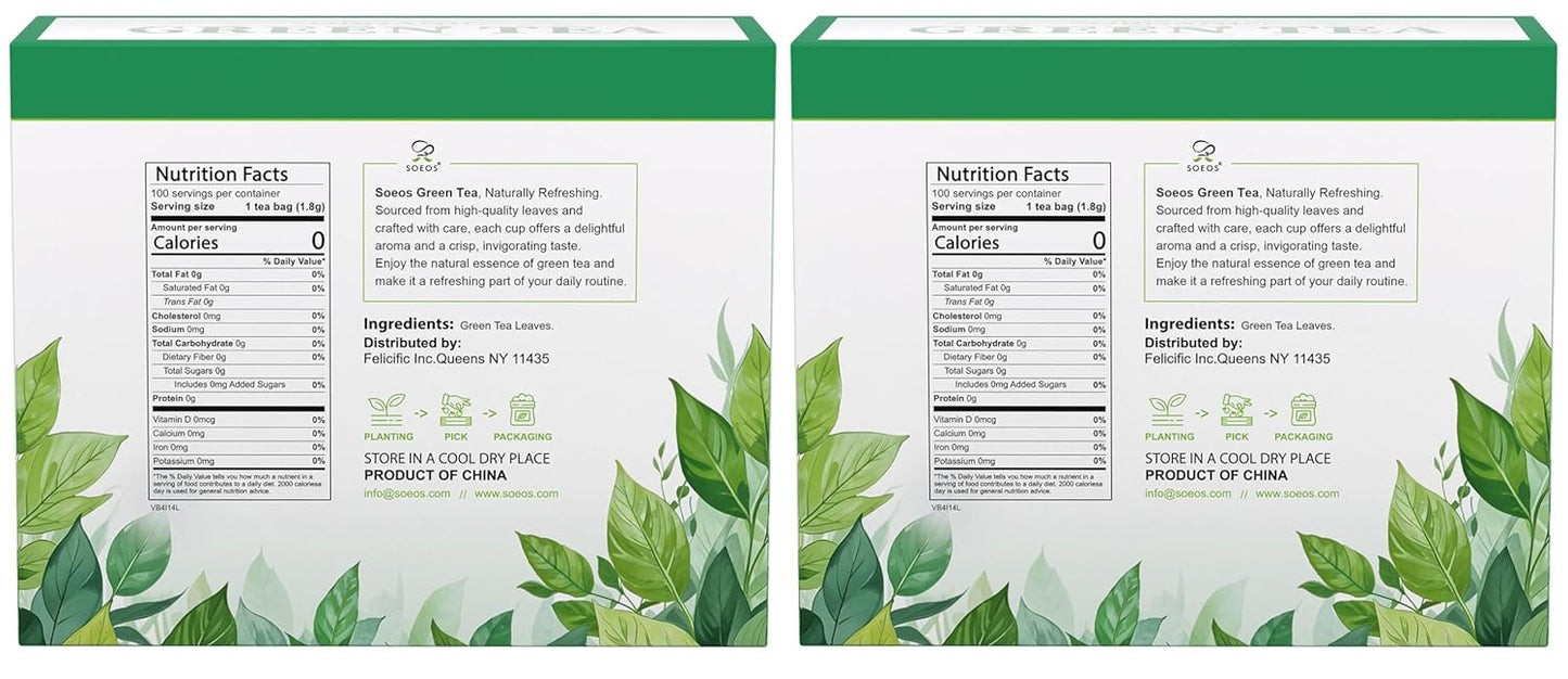 Soeos Green Tea, 6.3 oz (180g), 200 Tea Bags, Pack of 2, Refreshing and Fragrant, Sustainably Sourced, Ideal for Hot or Iced Tea, Long-Lasting Freshness