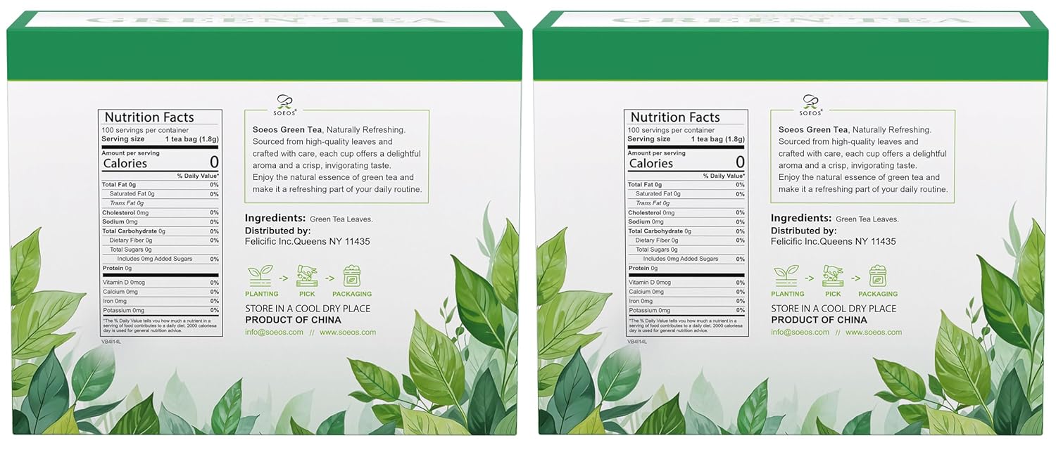 Soeos Green Tea, 6.3 oz (180g), 200 Tea Bags, Pack of 2, Refreshing and Fragrant, Sustainably Sourced, Ideal for Hot or Iced Tea, Long-Lasting Freshness