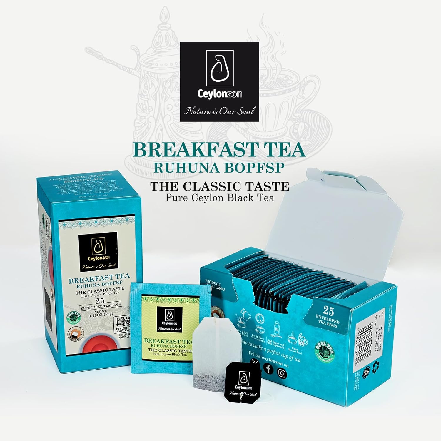 Ceylonzon Ceylon Breakfast Tea Classic Taste 25 Individually Foil-Wrapped Tea Bags 40g Experience with Natural Ceylon Tea, Relaxing and Fresh