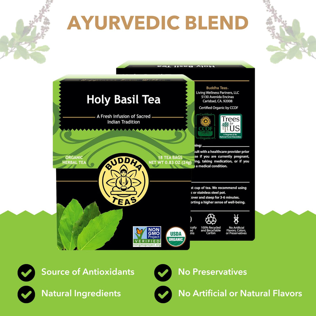 Buddha Teas Organic Holy Basil Tea - Herbal Tea, Caffeine Free