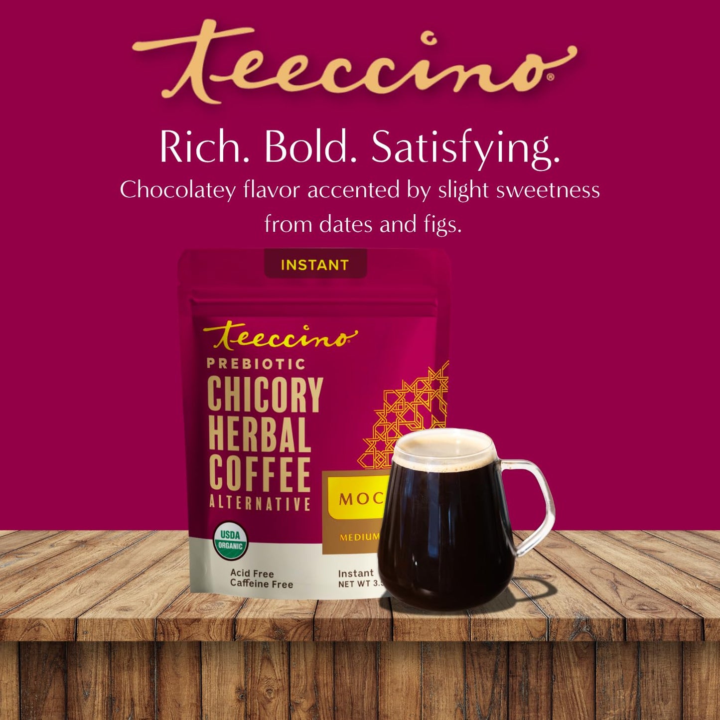 Teeccino Instant Organic Mocha Herbal Coffee - 33 servings – Instant Chicory Coffee Alternative with Lush Chocolate Slightly Sweetened by Dates That’s Prebiotic, Caffeine-Free - 3.53 Ounces