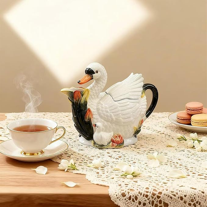 Ceramic White Swan Coffee Pot, Teapot, Unique Desktop Decorations and Ornaments