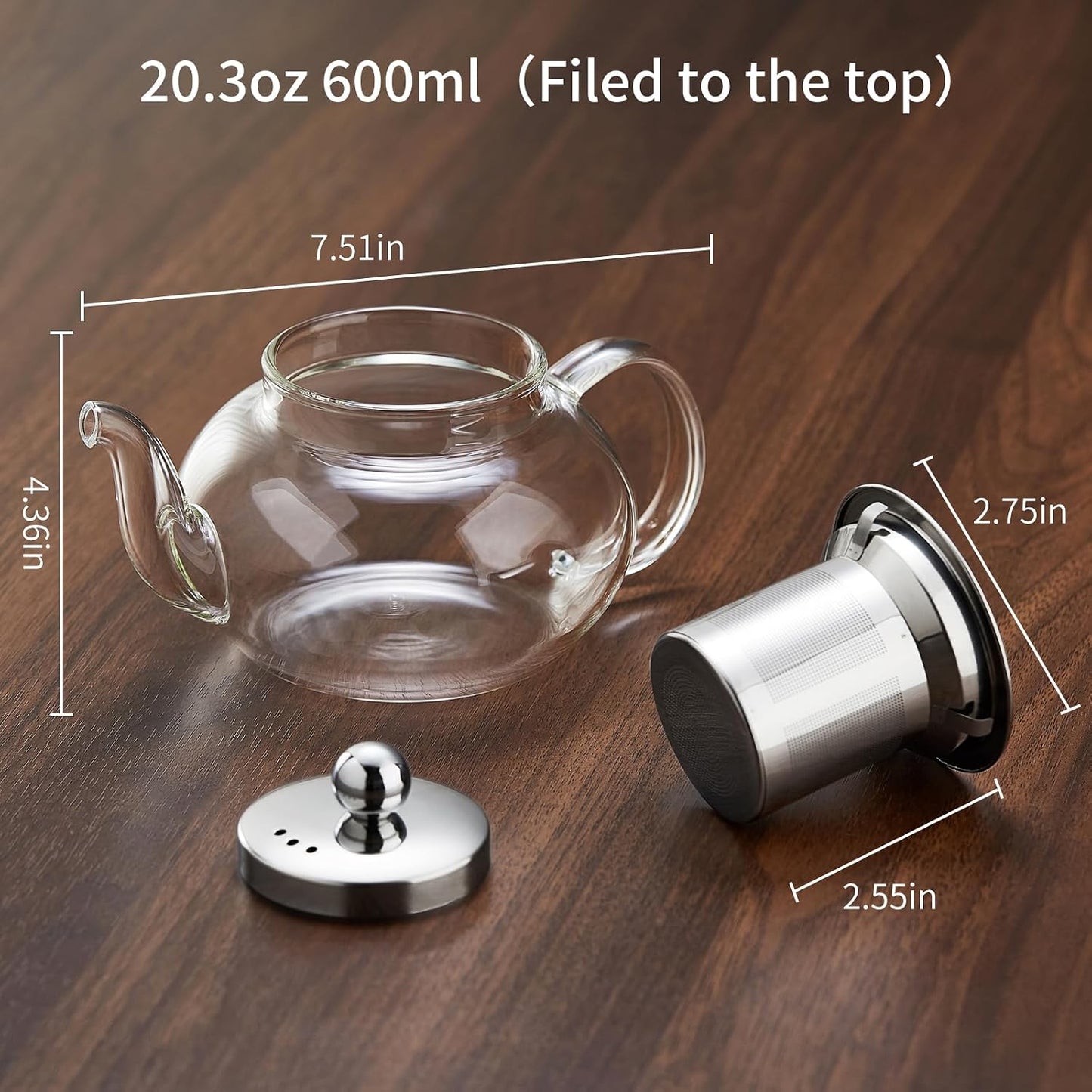 DOPUDO Glass Teapot with Infuser, 20 oz Borosilicate Tea Kettle | Clear borosilicate glass with removable 18/8 steel infuser for stovetop brewing of loose-leaf, herbal, and blooming tea.