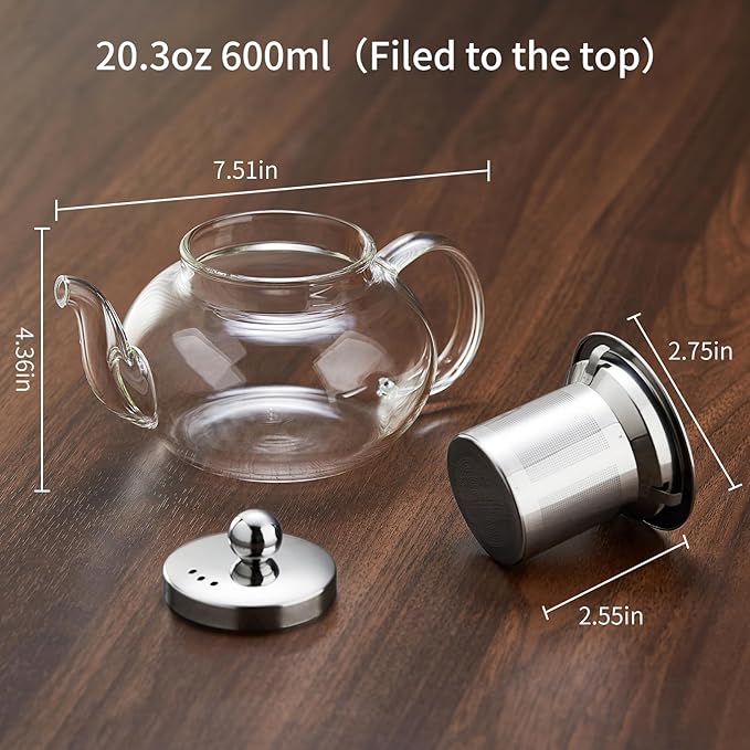 Glass Teapot with Removable Infuser, 27 oz/800ml Glass Tea Pot Small Borosilicate Tea Steeper Kettle with Loose Leaf Tea Strainer For Flower Blooming