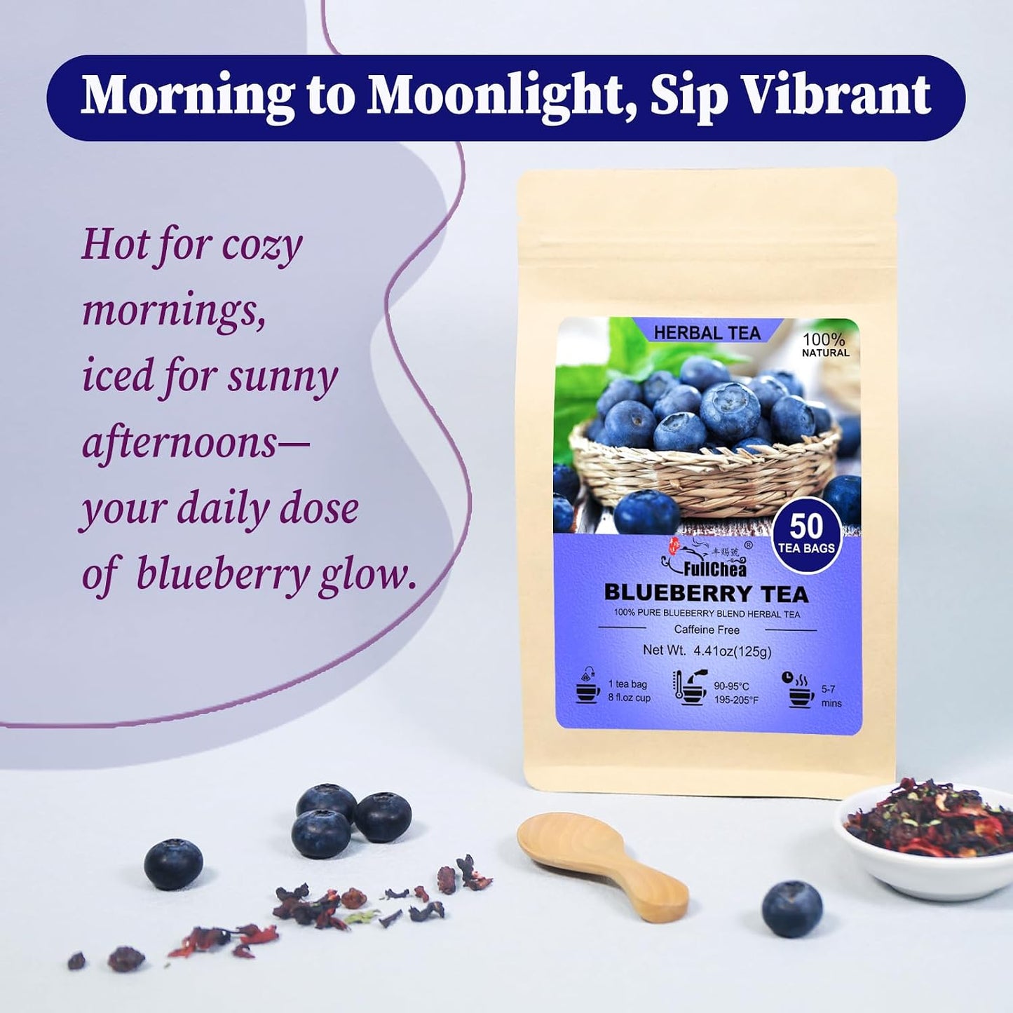 FullChea - Blueberry Tea Bags, 50 Count, Fruit Blend Herbal Tea