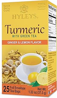 Hyleys Ginger Turmeric Tea Lemon Flavor - 25 Tea Bags (6 Pack - 150 Tea Bags Total) - Green Tea
