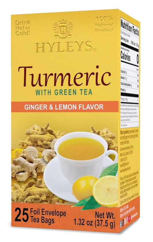 Hyleys Ginger Turmeric Tea Lemon Flavor - 25 Tea Bags (6 Pack - 150 Tea Bags Total) - Green Tea