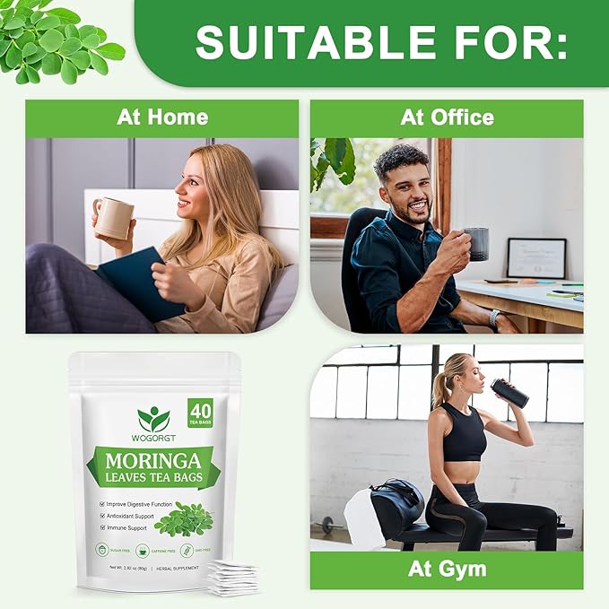 Wogorgt Organic Moringa Tea Bags - Pure Moringa Leaves Herbal Tea from India - Rich in Natural Antioxidants & Supports Daily Wellness - Caffeine Free