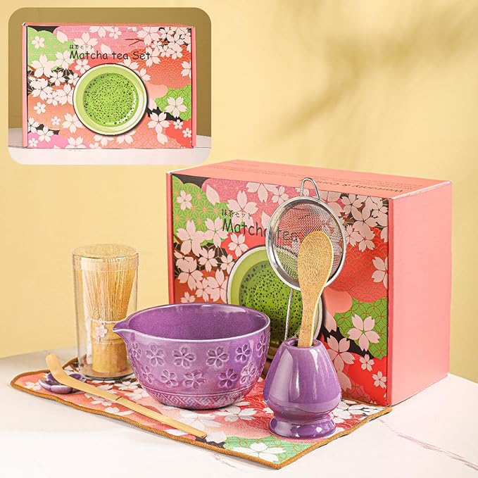 8-Piece Matcha Ceremony Set - Tea Kit with Cherry Blossom Bowl, Bamboo Whisk, Wood Scoops, Tea Cloth