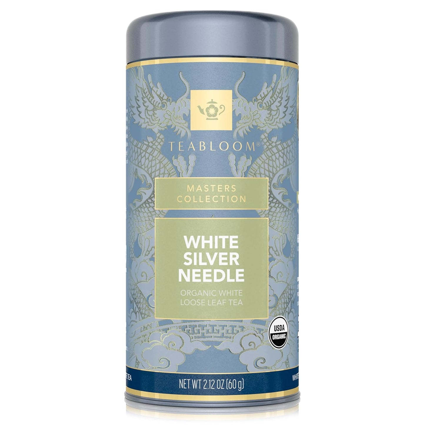 Teabloom Organic White Silver Needle Loose Leaf Tea, Rare USDA Certified Organic & Kosher White Tea With Delicate Honeysuckle Notes, 2.12 oz/60 g Canister Makes 35-50 Cups