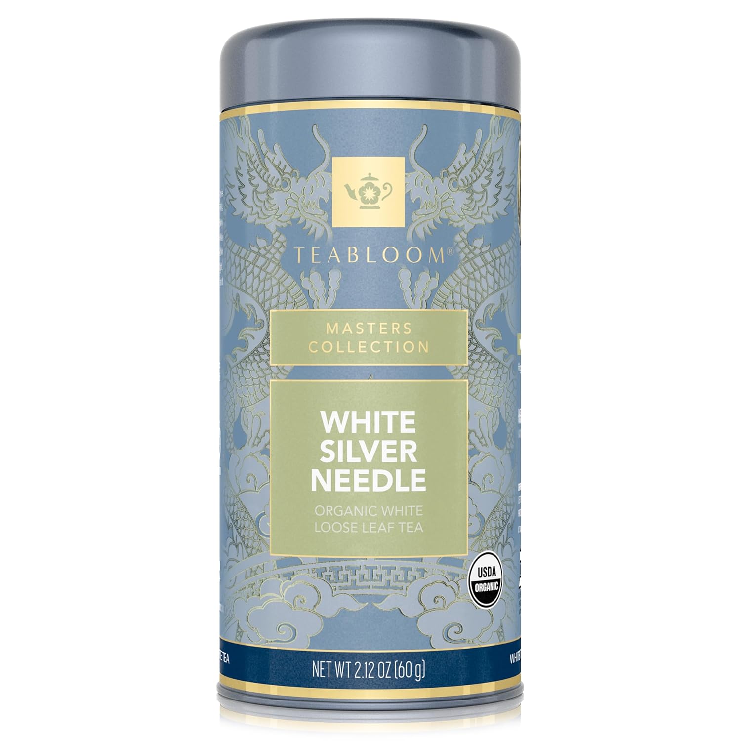 Teabloom Organic White Silver Needle Loose Leaf Tea, Rare USDA Certified Organic & Kosher White Tea With Delicate Honeysuckle Notes, 2.12 oz/60 g Canister Makes 35-50 Cups