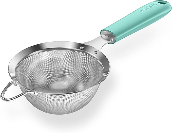 18/8 Stainless Steel Mesh Strainer: U-Taste 3.9 Inch Kitchen Fine Mesh Sieve Food Colander with Riveted Sturdy Silicone Handle and 30 Mesh Hole for Straining Flour, Quinoa, Tea, Juice (Aqua Sky)