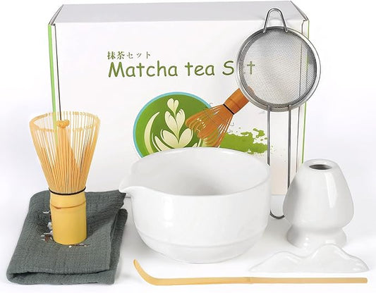TOPCHANCES 7Pcs Matcha Whisk Set,Ceramic Matcha Tea Set Includes Whisk Matcha Bowl Scoop and Whisk with Holder Sifter Towel,Elegant Matcha Kit Gift for Matcha Enthusiasts and Tea Lovers(White)