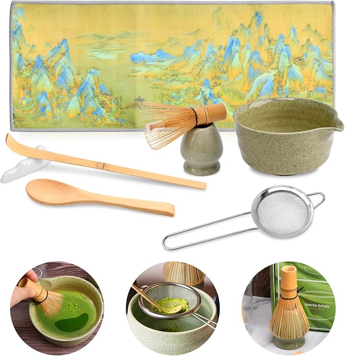 8 Pcs Matcha Whisk Set with Bamboo Whisk, Ceramic Bowl, Sifter, Scoop, Holder, Stand, and Tea Towel, Unique Gifts for Matcha Lover Home Kitchen Decor Gifts for Tea Enthusiasts Christmas