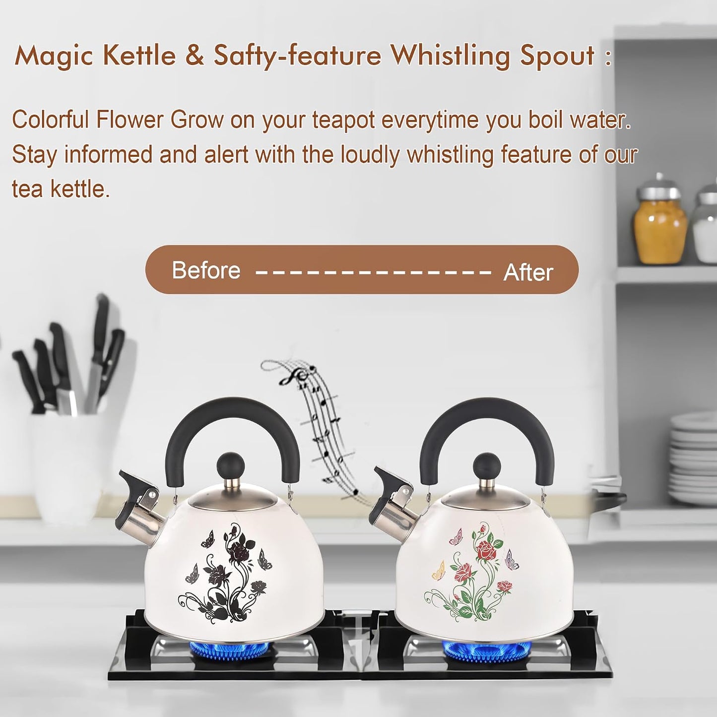 ARC 2 Quart Whistling White Tea Kettle with Magic Color Changing Design | Stainless Steel Stovetop Kettle Whistle Teapot with Folding Cup &amp; Trivet Mat