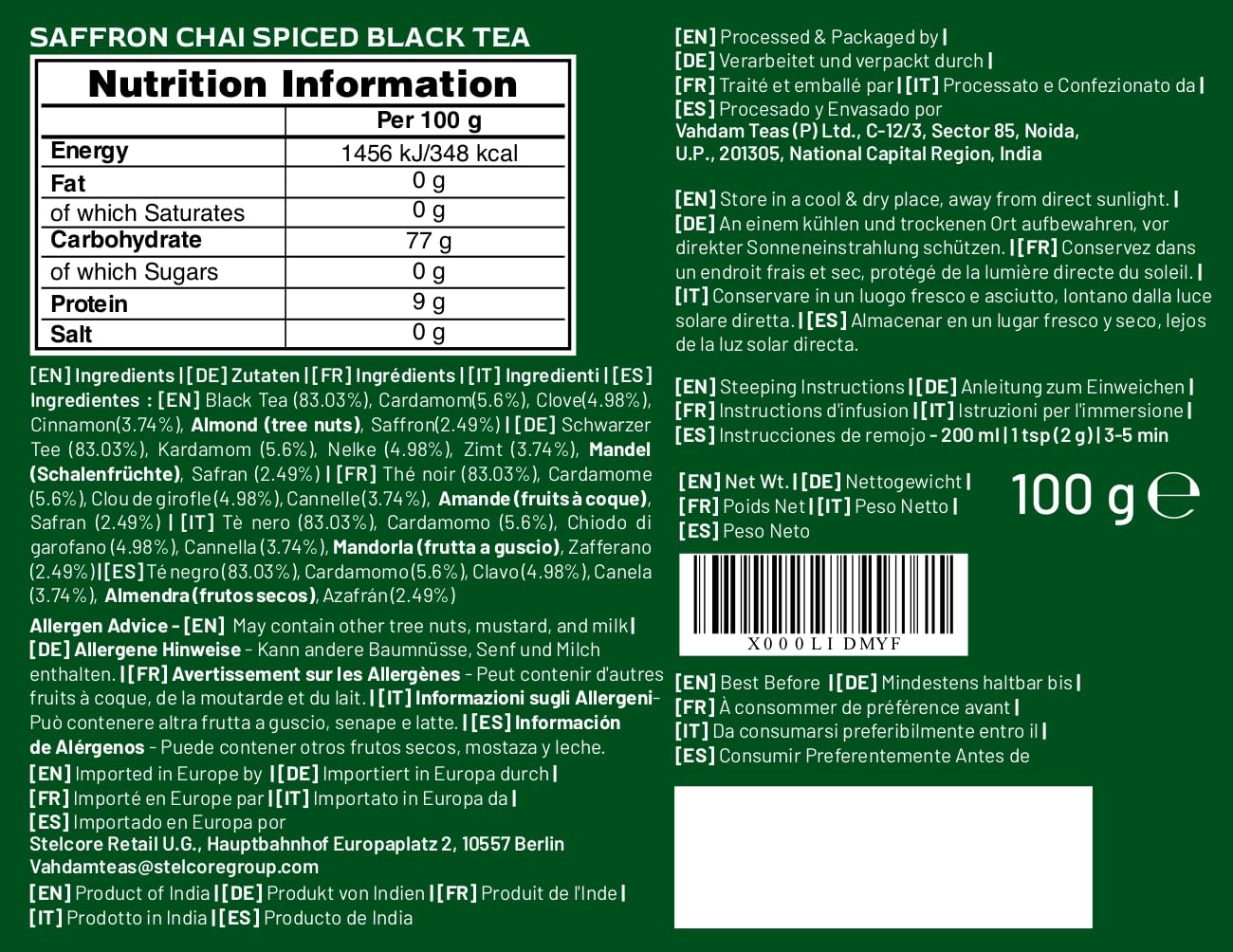 VAHDAM Saffron Spiced Chai Loose Leaf (3.53oz|50+ Cups) Premium Masala Chai