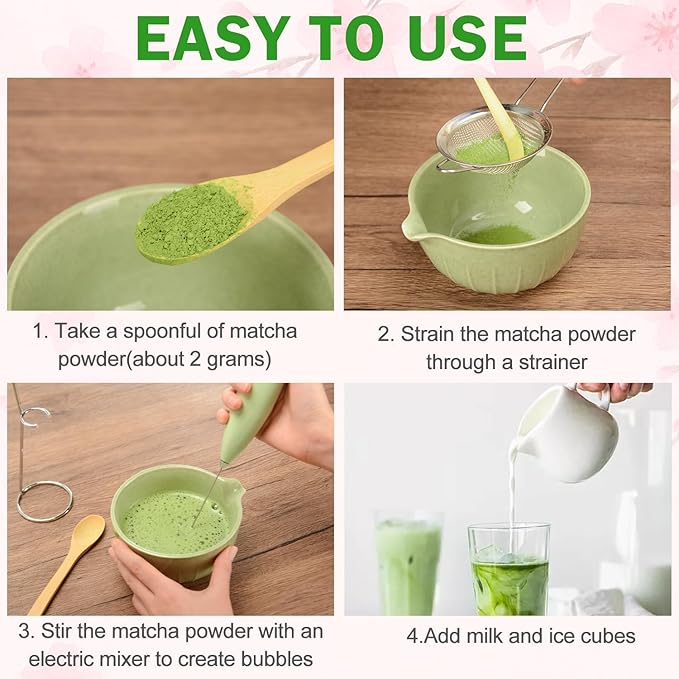 MONOJOY Electric Matcha Whisk Set 4 PCS Matcha Making Kit Powder Mixer Electric Milk Frother Traditional Tea Scoop Chashaku, Spoon, Sifter, Durable Coffee Stirrers Maker Tools Gift for Lovers Beginner