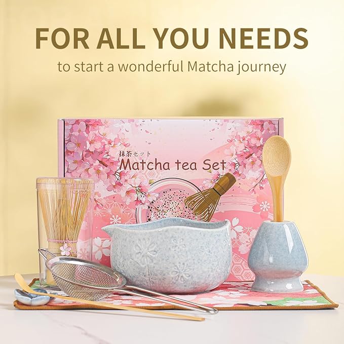 Handcrafted Matcha Bowl Set 8pc - Japanese Style Ceramic Chawan Tea Cups with Floral Art & Wavy Rim | Complete Matcha Tea Ceremony Kit in Premium Gift Box (blue)