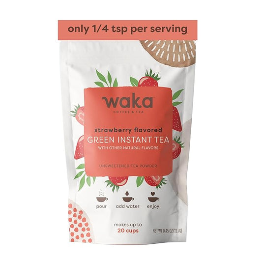 Waka Instant Green Tea Mix, Strawberry Flavored - 100% Tea Leaves, No Additives, Unsweetened Sample/Travel Size Tea Powder - Easy Quick Hot and Iced Teas, Up to 20 Cups or 5 Quarts (.45oz)