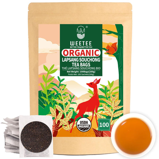 WT Weetee Organic Lapsang Souchong Tea Bags, Organic Smoky Black Tea 100 Count, Natural Caffeine & Antioxidant, Classic Chinese Tea