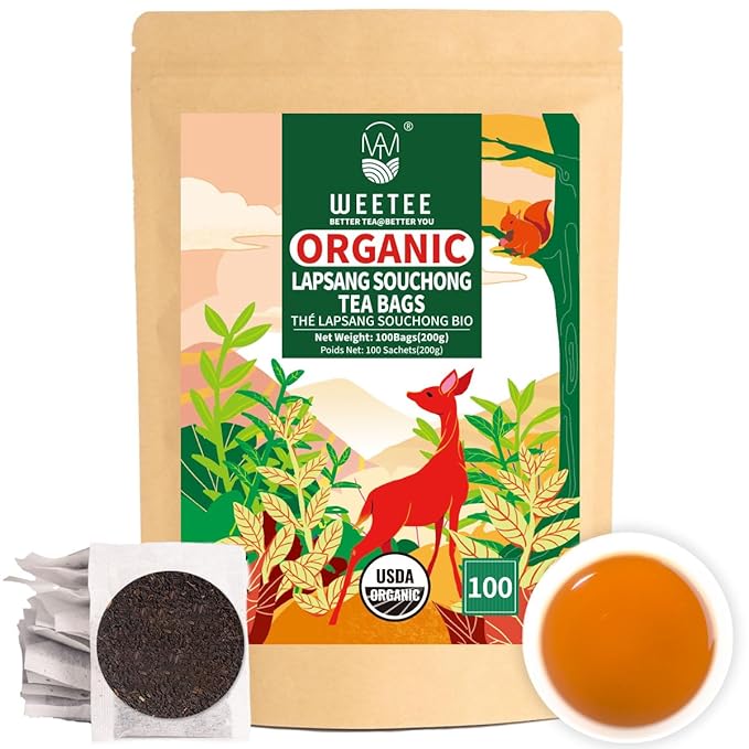 WT WEETEE Organic Lapsang Souchong Tea Bags, Organic Smoky Black Tea 100 Count, Natural Caffeine & Antioxidant, Classic Chinese Tea