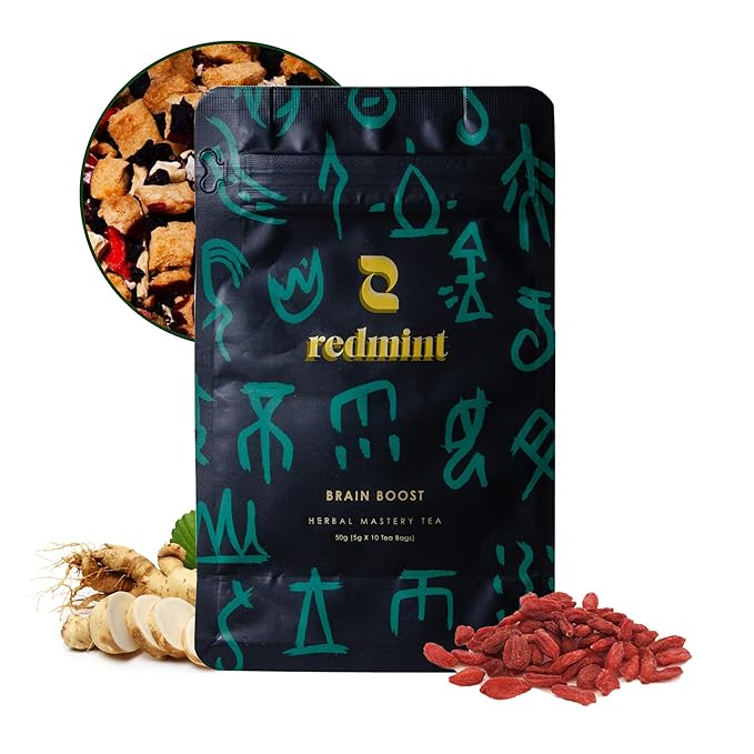 Redmint Herbal Tea Mastery - Brain Boost, Five Treasures Tea for Focus and Energy, Natural Ginseng and Mulberry Herbal Tea with Goji Berry