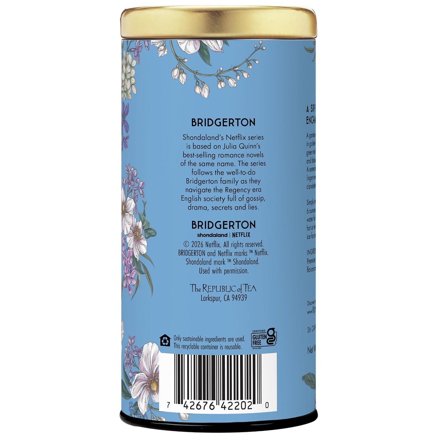 The Republic of Tea Bridgerton Sophie &amp; Benedict Love in Bloom Green Tea | Low Caffeine. 36 Count. A gentle cup for everyday sipping. Fresh with light vegetal notes. Gluten Free.