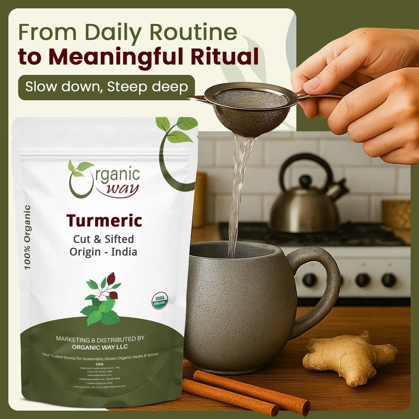 Organic Way Turmeric/Haldi Root Cut &amp; Sifted - Herbal Tea (16 Ounce) | Curcuma Longa botanical herb, USDA Organic and Kosher Certified; raw, vegan, Non-GMO, and gluten-free.