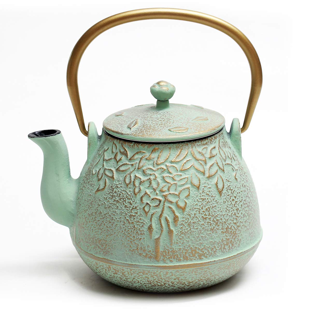 TOPTIER Japanese Teapot with Stainless Steel Infuser, Cast Iron Tea Kettle Stovetop Safe, Leaf Design Coated with Enameled