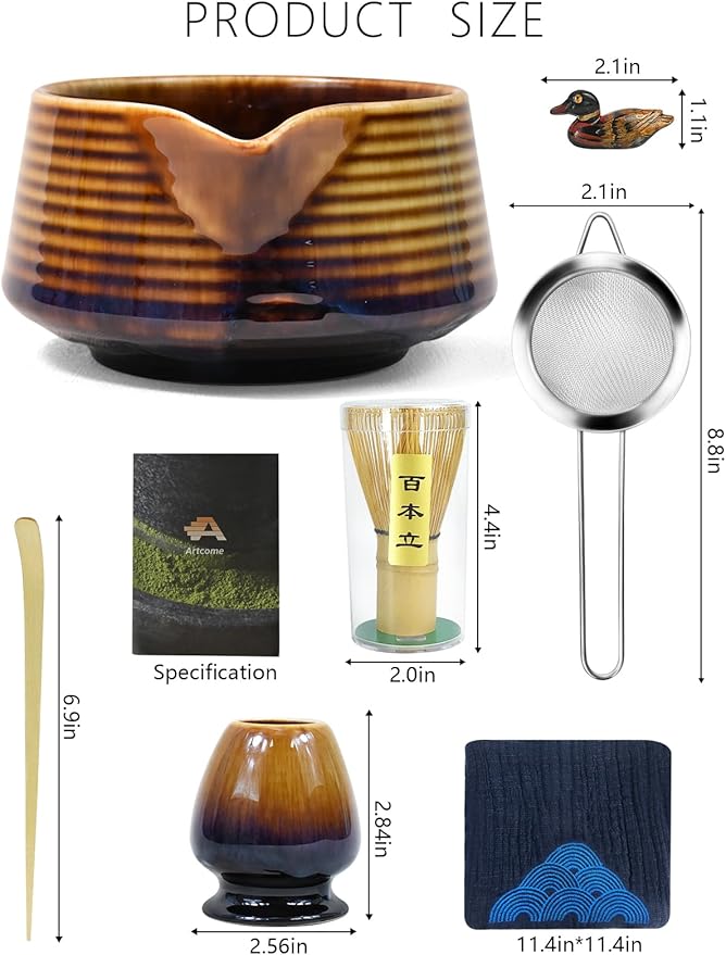 Artcome Matcha Tea Set – Japanese Matcha Kit with Bamboo Whisk, Pouring Spout Bowl, Scoop, Sifter, Holder & Manual