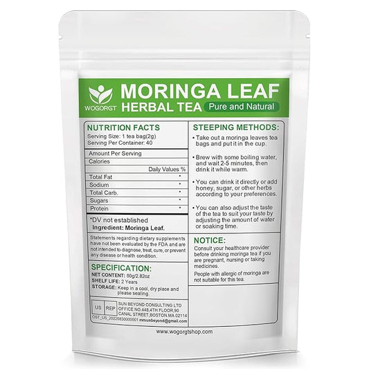 Wogorgt Organic Moringa Tea Bags - Pure Moringa Leaves Herbal Tea from India - Rich in Natural Antioxidants & Supports Daily Wellness - Caffeine Free