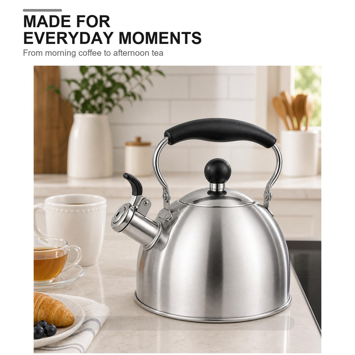 BAERFO 2 Qt Whistling Tea Kettle, Stainless Steel Stovetop Kettle, Silver